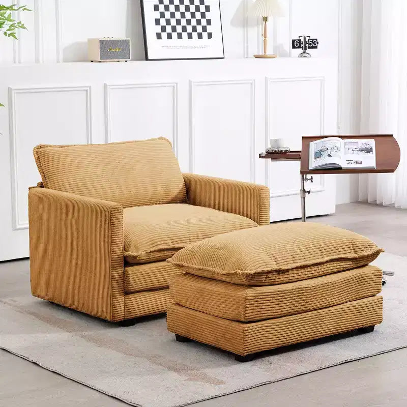 Poltrona d'accento moderna rivestita in tessuto di velluto a coste con pouf