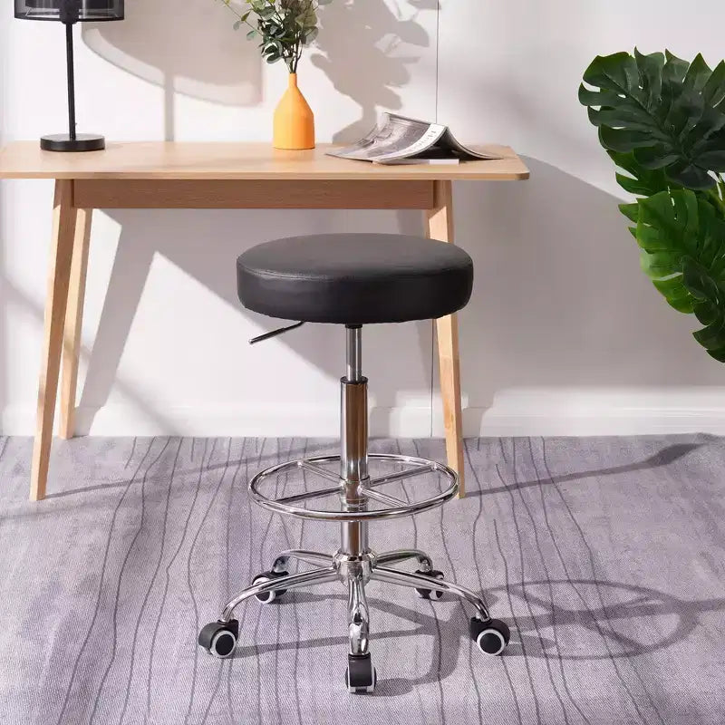 Round Rolling PU Leather Height Adjustable Drafting Swivel Stool