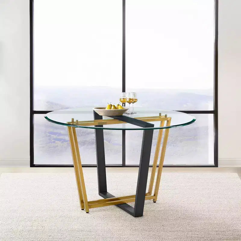Tavolo da pranzo rotondo in vetro da 122 cm | Base in acciaio inossidabile spazzolato e ferro