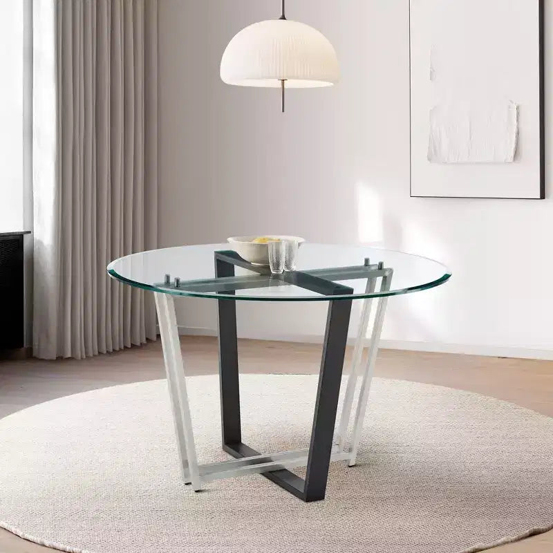 Tavolo da pranzo rotondo in vetro da 122 cm | Base in acciaio inossidabile spazzolato e ferro