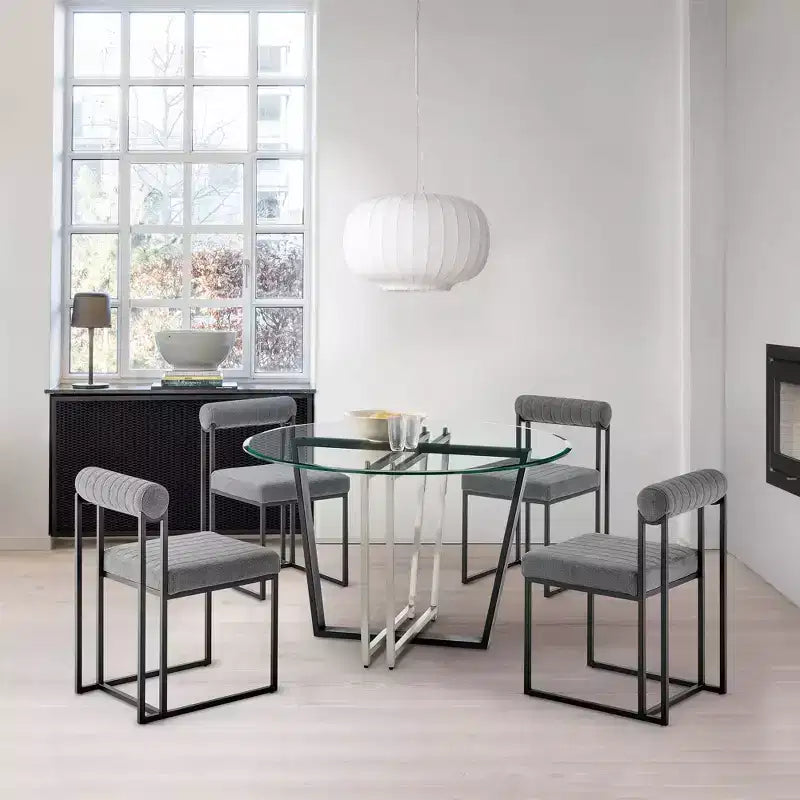 Tavolo da pranzo rotondo in vetro da 122 cm | Base in acciaio inossidabile spazzolato e ferro