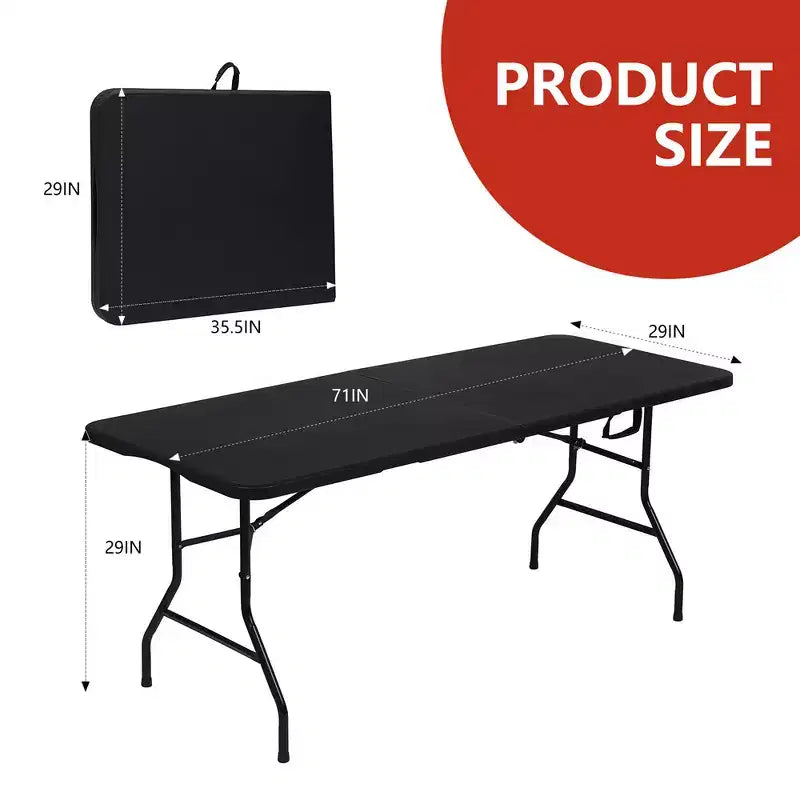 Tavolo Pieghevole Portatile 6 Piedi, Pieghevole a Metà | Piano in HDPE, Posti a Sedere 8-10, Nero