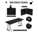 Tavolo Pieghevole Portatile 6 Piedi, Pieghevole a Metà | Piano in HDPE, Posti a Sedere 8-10, Nero