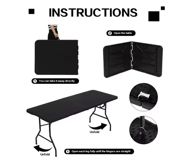 Tavolo Pieghevole Portatile 6 Piedi, Pieghevole a Metà | Piano in HDPE, Posti a Sedere 8-10, Nero