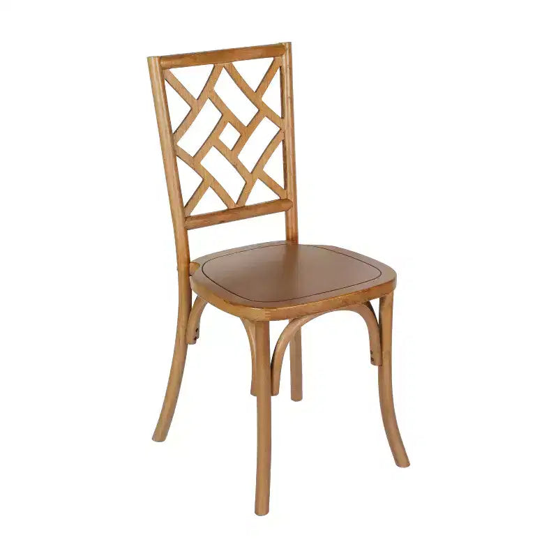 Sedia da pranzo impilabile in legno massello di qualità commerciale con dettagli intricati sullo schienale