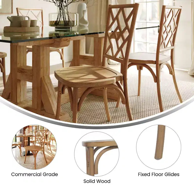 Sedia da pranzo impilabile in legno massello di qualità commerciale con dettagli intricati sullo schienale