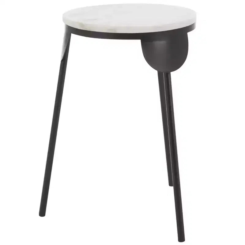 Tavolino d'appoggio rotondo in marmo bianco con gambe in ferro nero a stiletto | Moderno Bauhaus