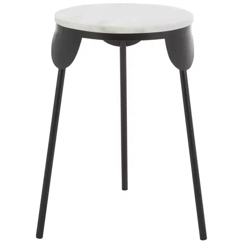 Tavolino d'appoggio rotondo in marmo bianco con gambe in ferro nero a stiletto | Moderno Bauhaus