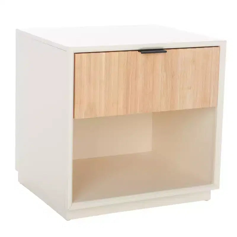 Comodino moderno con 1 cassetto e ripiano aperto | Cassetto in legno intagliato e struttura in metallo