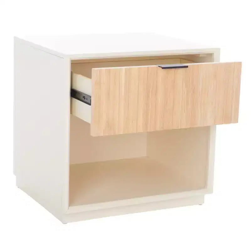 Comodino moderno con 1 cassetto e ripiano aperto | Cassetto in legno intagliato e struttura in metallo