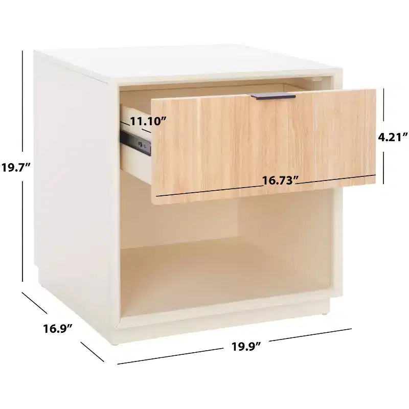 Comodino moderno con 1 cassetto e ripiano aperto | Cassetto in legno intagliato e struttura in metallo