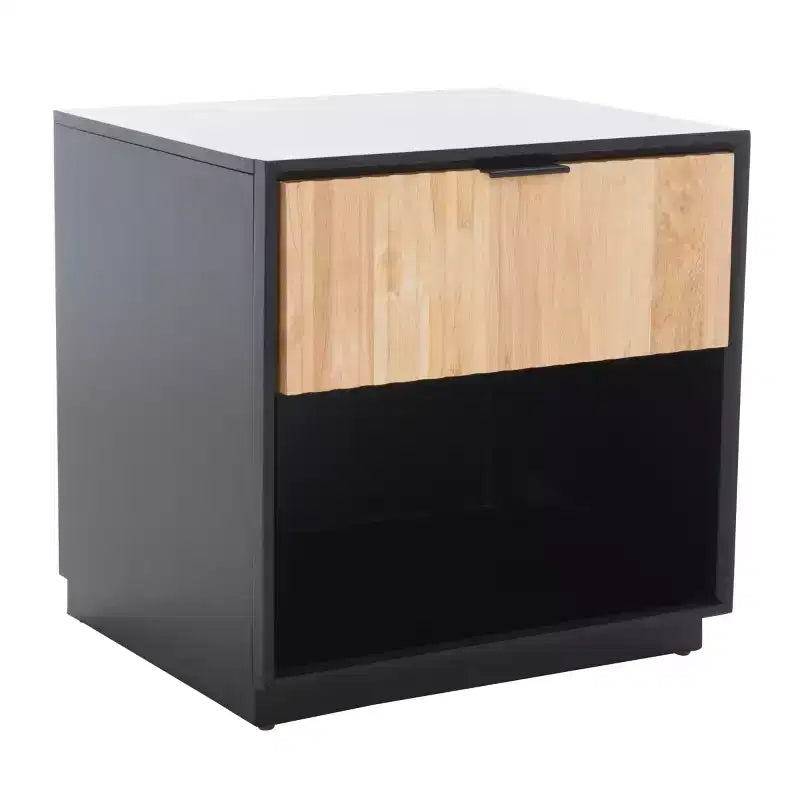 Comodino moderno con 1 cassetto e ripiano aperto | Cassetto in legno intagliato e struttura in metallo