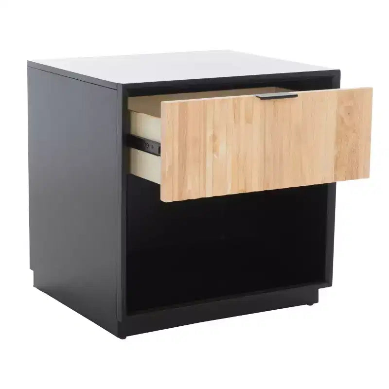 Comodino moderno con 1 cassetto e ripiano aperto | Cassetto in legno intagliato e struttura in metallo