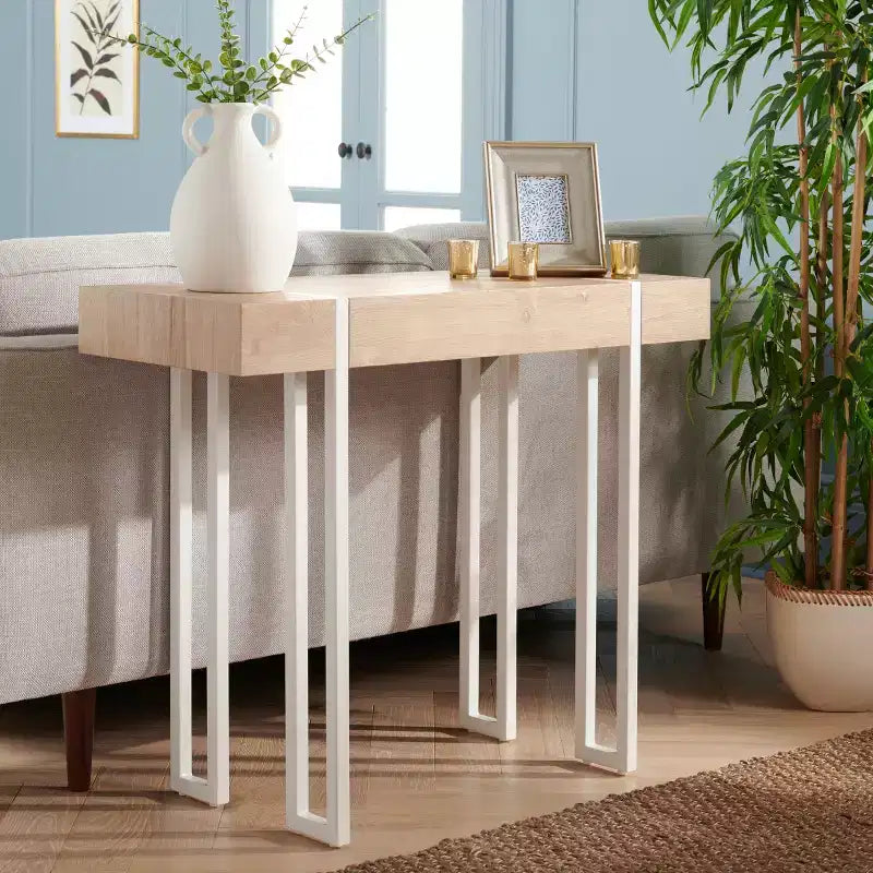 Consolle scandinava | Piano impiallacciato marrone e gambe a forcina in ferro bianco