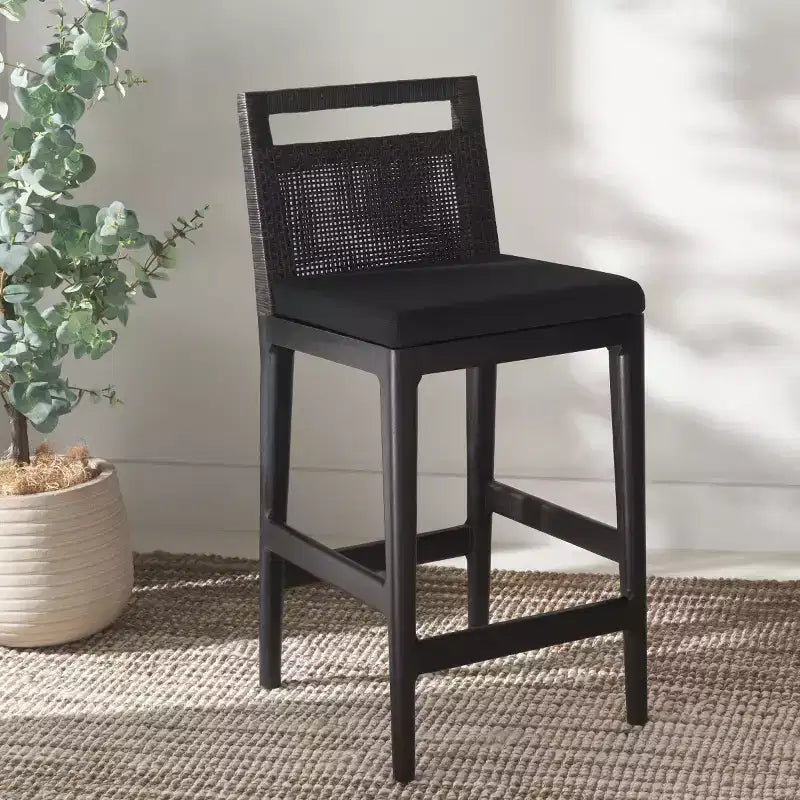 Sgabello da bancone imbottito in rattan con poggiapiedi | 35,5" legno massello