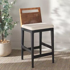 Sgabello da bancone imbottito in rattan con poggiapiedi | 35,5" legno massello