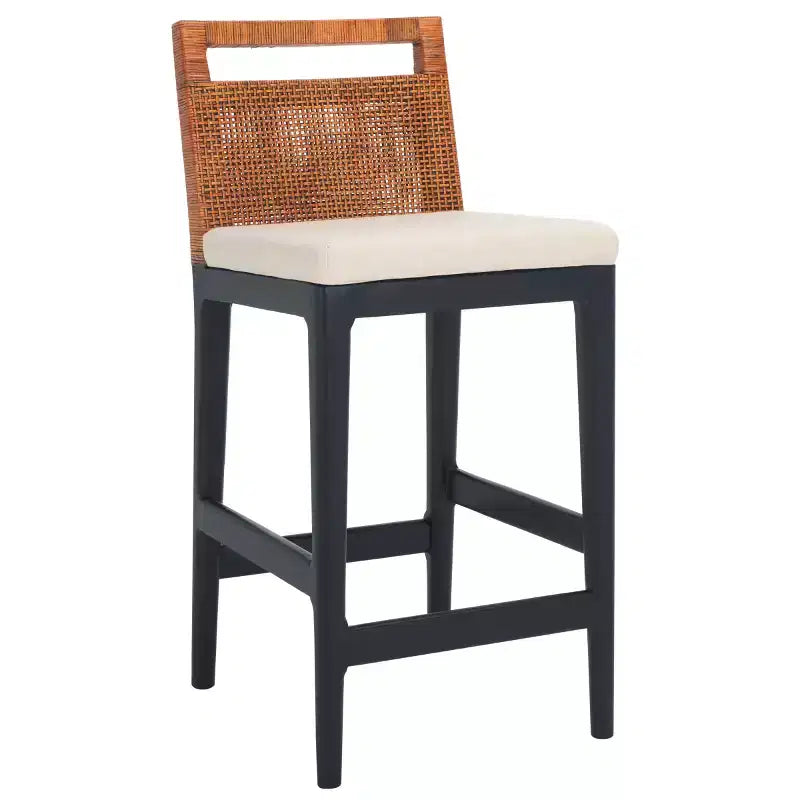 Rattan Back Upholstered Counter Stool with Footrest | 35.5" Hardwood