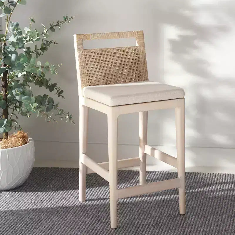 Rattan Back Upholstered Counter Stool with Footrest | 35.5" Hardwood