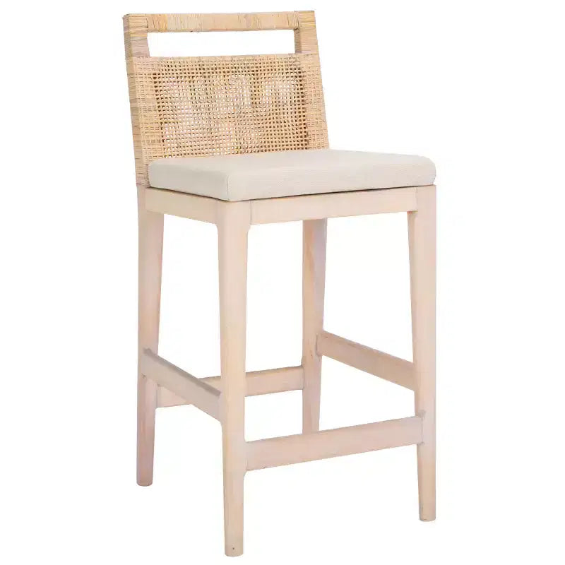 Sgabello da bancone imbottito in rattan con poggiapiedi | 35,5" legno massello
