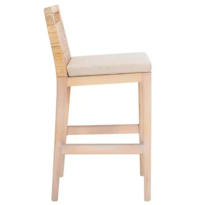 Sgabello da bancone imbottito in rattan con poggiapiedi | 35,5" legno massello