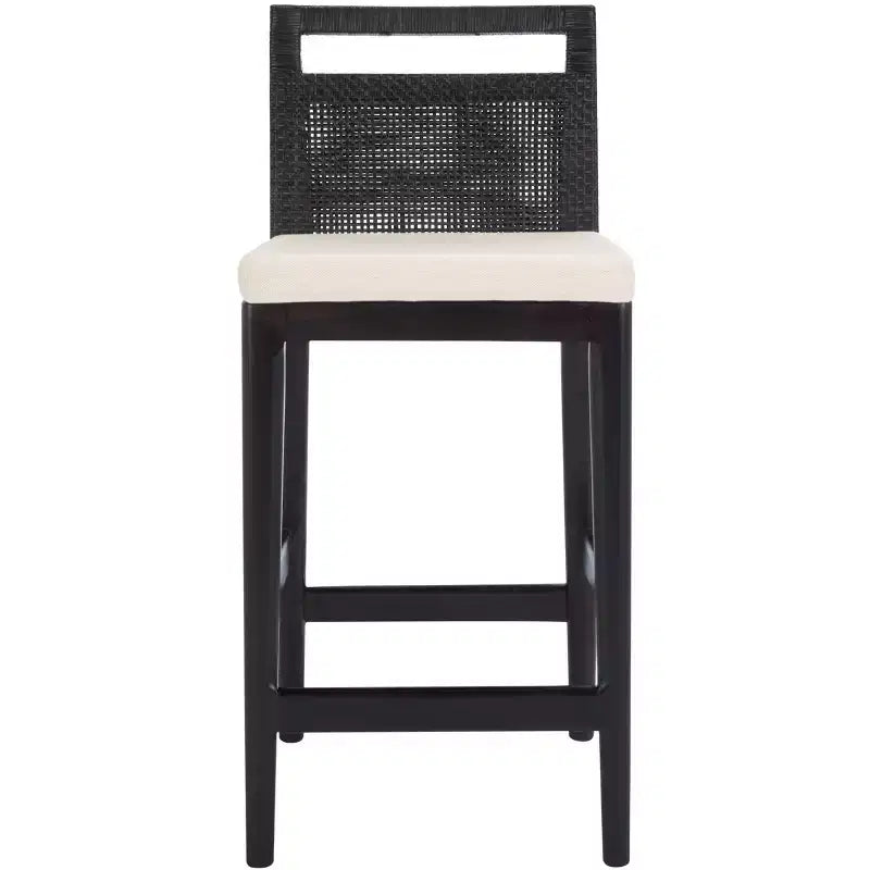 Rattan Back Upholstered Counter Stool with Footrest | 35.5" Hardwood