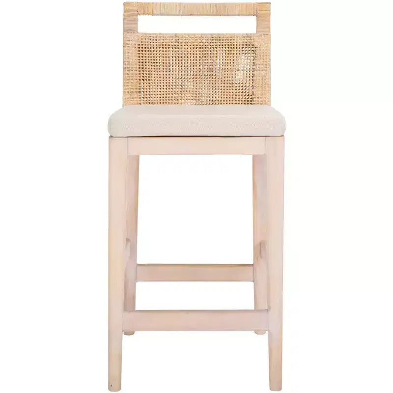Rattan Back Upholstered Counter Stool with Footrest | 35.5" Hardwood