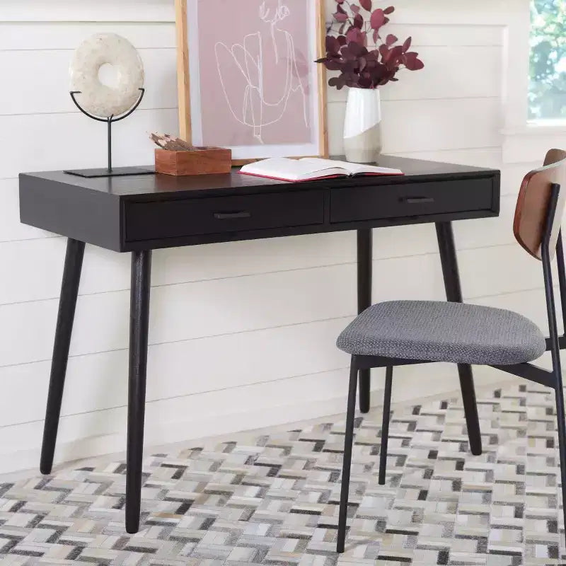 2 Drawer Writing Desk | Wood & MDF, Classic Style, Black/Brown/Distressed White