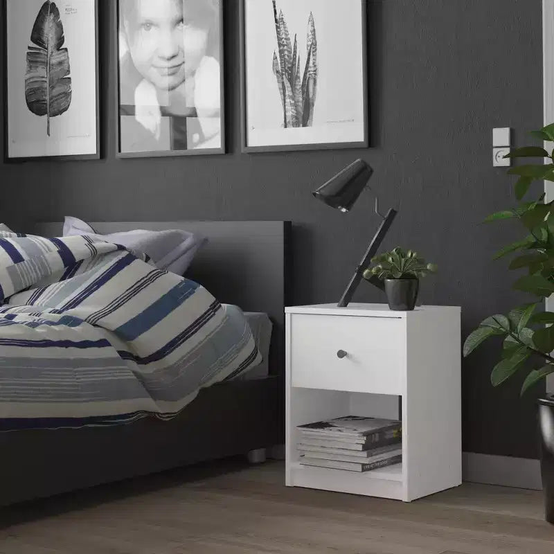 Comodino compatto a 1 cassetto con ripiano | Design danese, bianco, non servono attrezzi