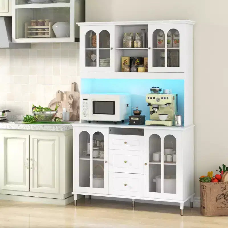 Pensile da dispensa per cucina da 73" con luci LED, ricarica USB e 3 cassetti | Bianco