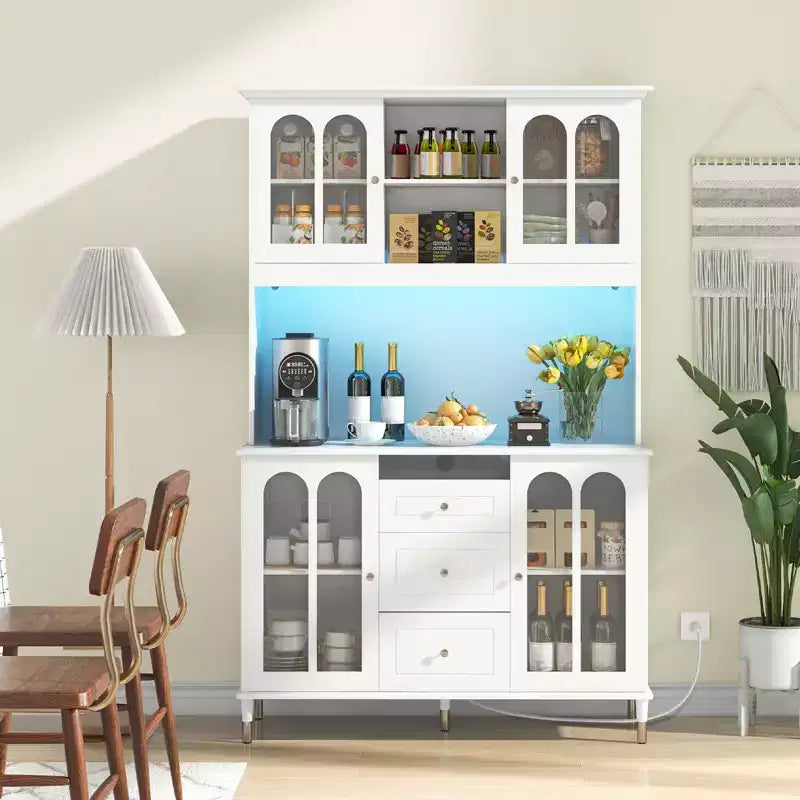 Pensile da dispensa per cucina da 73" con luci LED, ricarica USB e 3 cassetti | Bianco