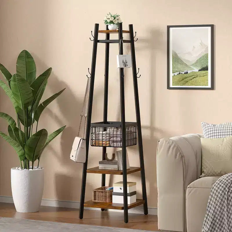 VECELO Freestanding Industrial Coat Rack with Metal Basket, 2 Shelves & 8 Dual Hooks  Entryway Hall Tree for Hats, Bags, and Scarves