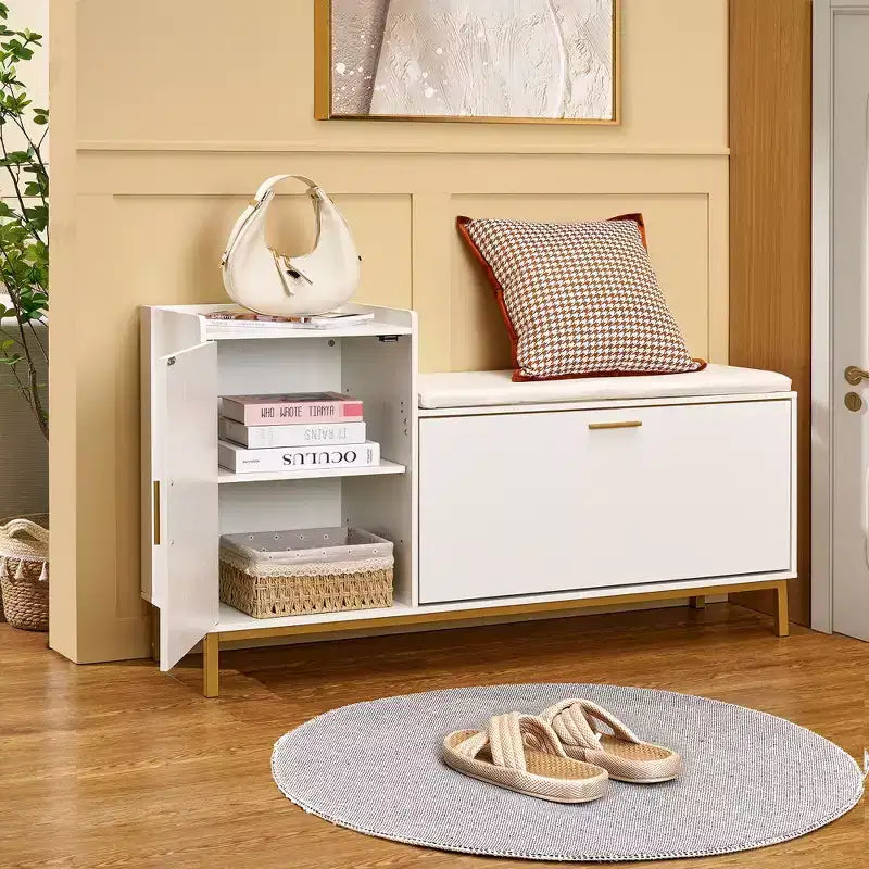 Panca portaoggetti da ingresso | 2 cassetti a ribalta, seduta imbottita e scarpiera