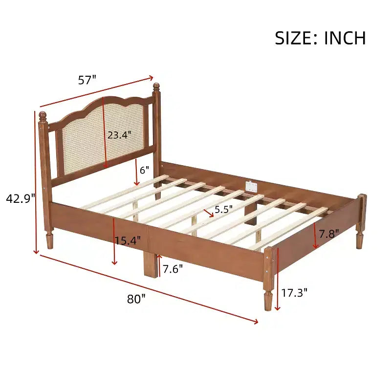 Letto a piattaforma in legno Queen/Full con testiera in rattan naturale