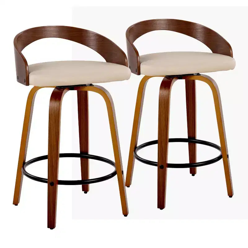 Set of 2 Swivel Counter Height Barstools | Faux Leather, Wood Frame, 26 Inch