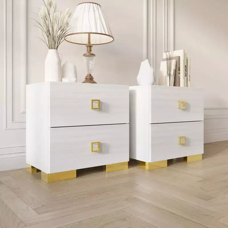 Set di 2 comodini con cassetto e gambe in metallo dorato | Camera da letto moderna