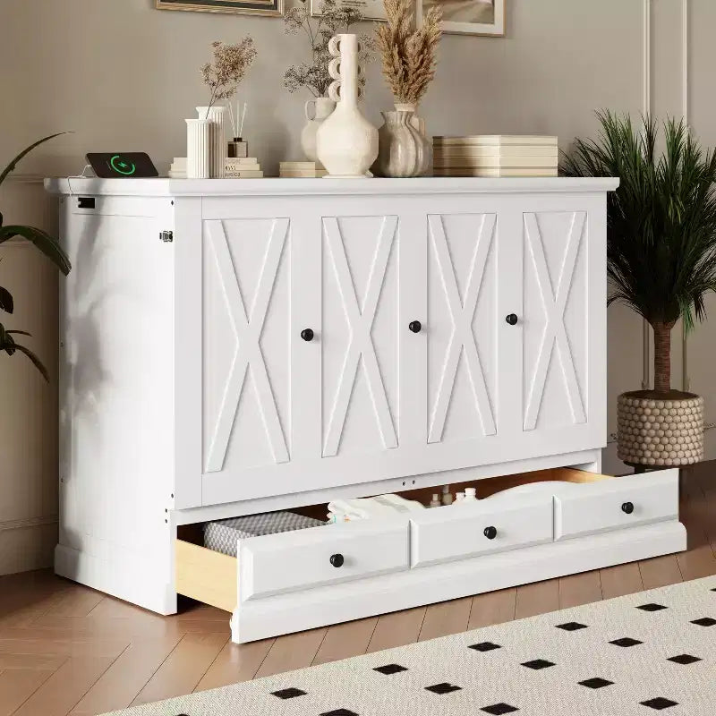 Letto a scomparsa in legno Queen/Full Size con ricarica USB e cassetti portaoggetti