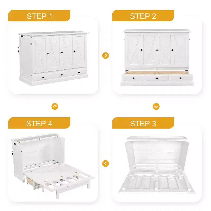 Letto a scomparsa in legno Queen/Full Size con ricarica USB e cassetti portaoggetti