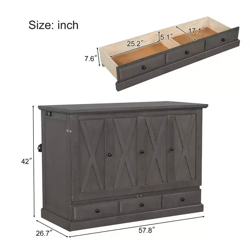 Letto a scomparsa in legno Queen/Full Size con ricarica USB e cassetti portaoggetti