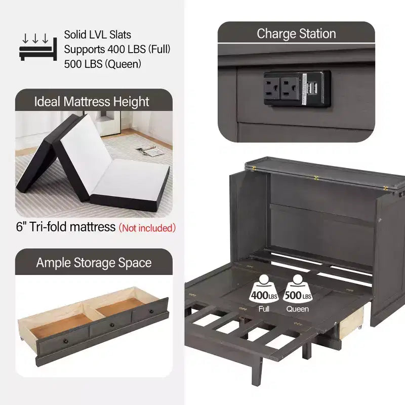 Letto a scomparsa in legno Queen/Full Size con ricarica USB e cassetti portaoggetti