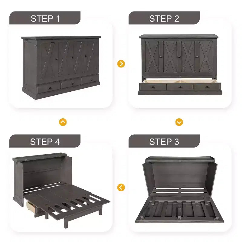 Letto a scomparsa in legno Queen/Full Size con ricarica USB e cassetti portaoggetti