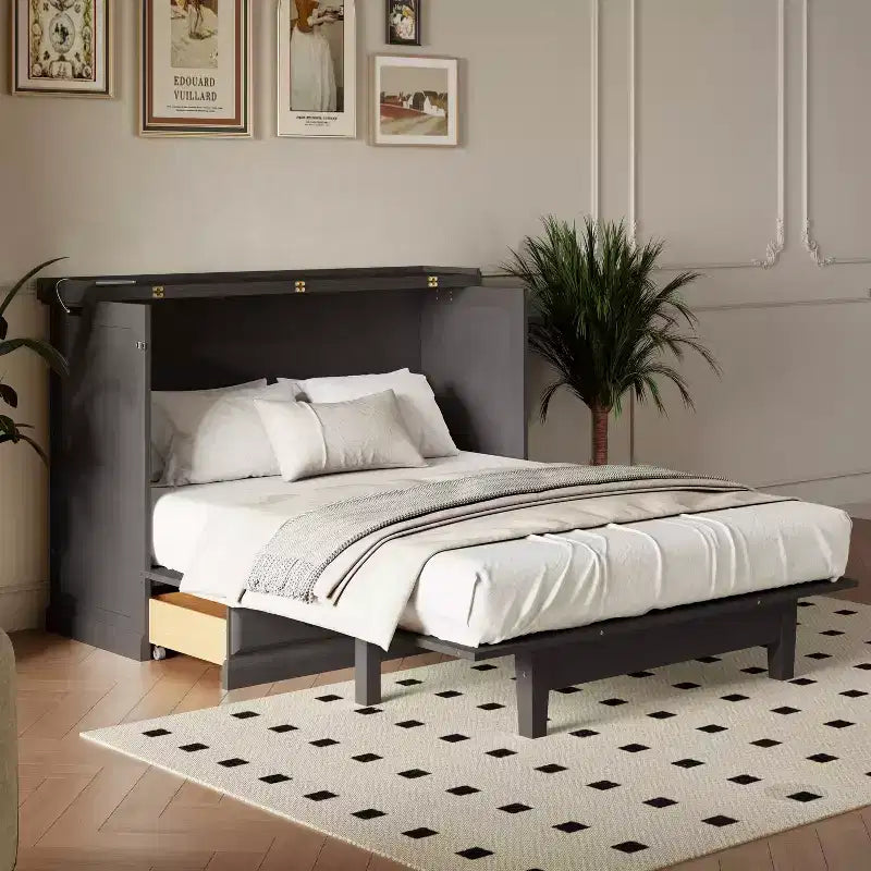 ModernLuxe Queen/Full Size Wooden Murphy Bed, Space-Saving Foldable Cabinet Bed with USB Charging Station & Storage Drawers