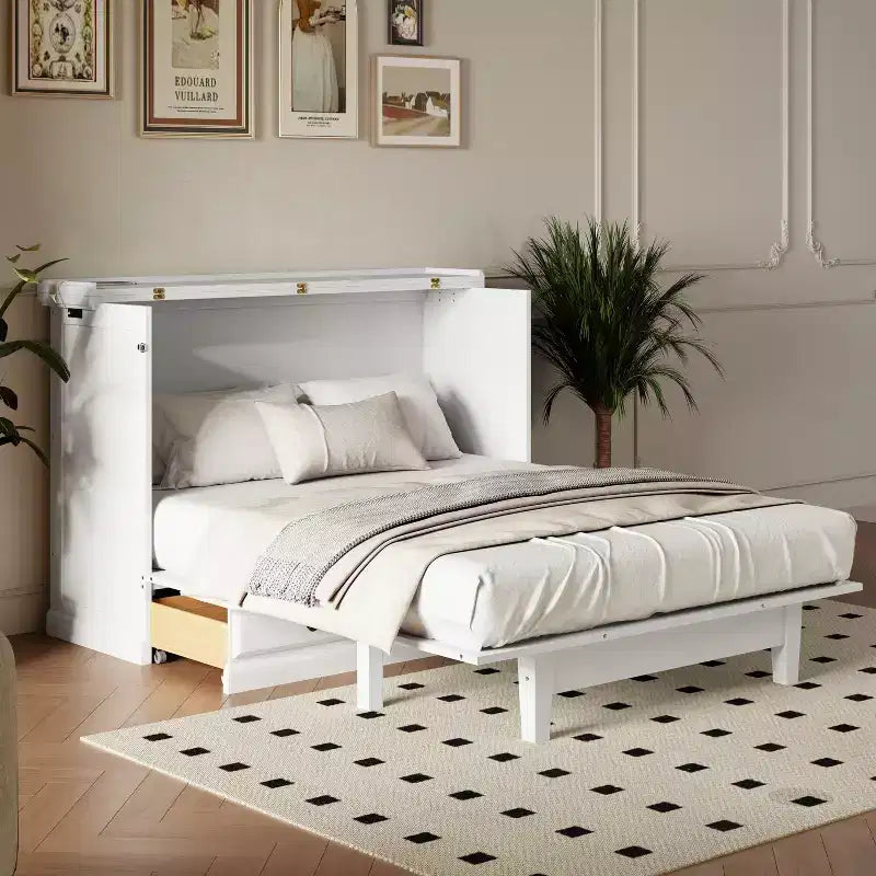 Letto a scomparsa in legno Queen/Full Size con ricarica USB e cassetti portaoggetti