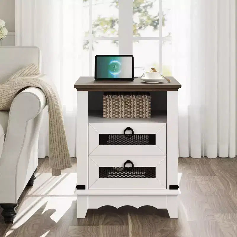 Comodino da Fattoria da 45 cm | Stazione di Ricarica, 2 Cassetti e 2 Porte USB
