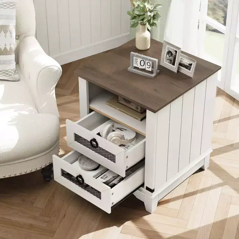 Comodino da Fattoria da 45 cm | Stazione di Ricarica, 2 Cassetti e 2 Porte USB