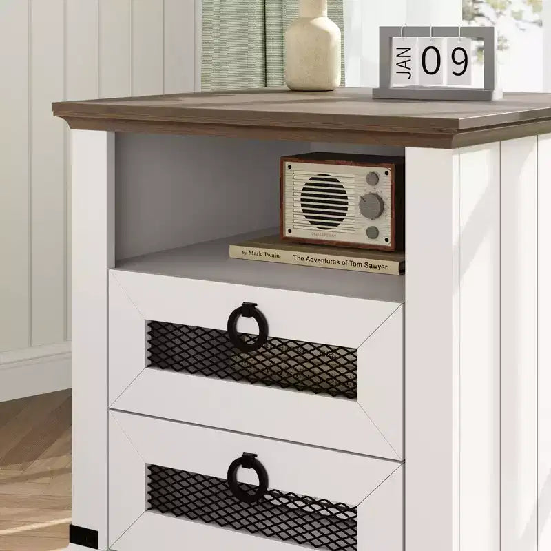 Comodino da Fattoria da 45 cm | Stazione di Ricarica, 2 Cassetti e 2 Porte USB
