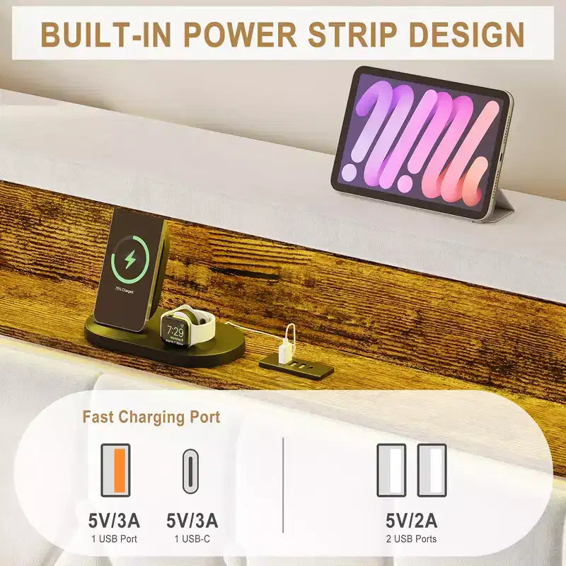 Giroletto Imbottito in Velluto | Testiera con Luci LED e Contenitore, Rifinitura Borchiata, Bianco Sporco