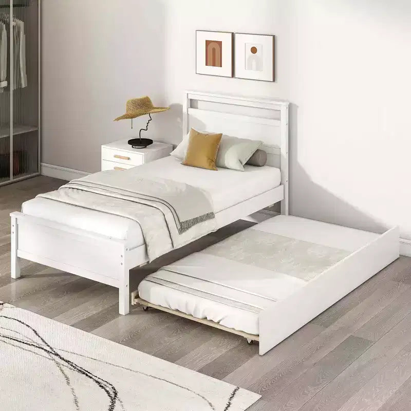 Letto a piattaforma singolo con letto estraibile | Testiera e pediera, grigio/bianco
