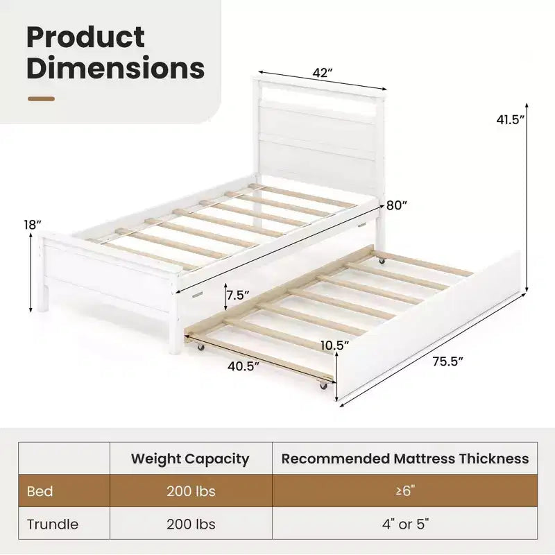 Letto a piattaforma singolo con letto estraibile | Testiera e pediera, grigio/bianco