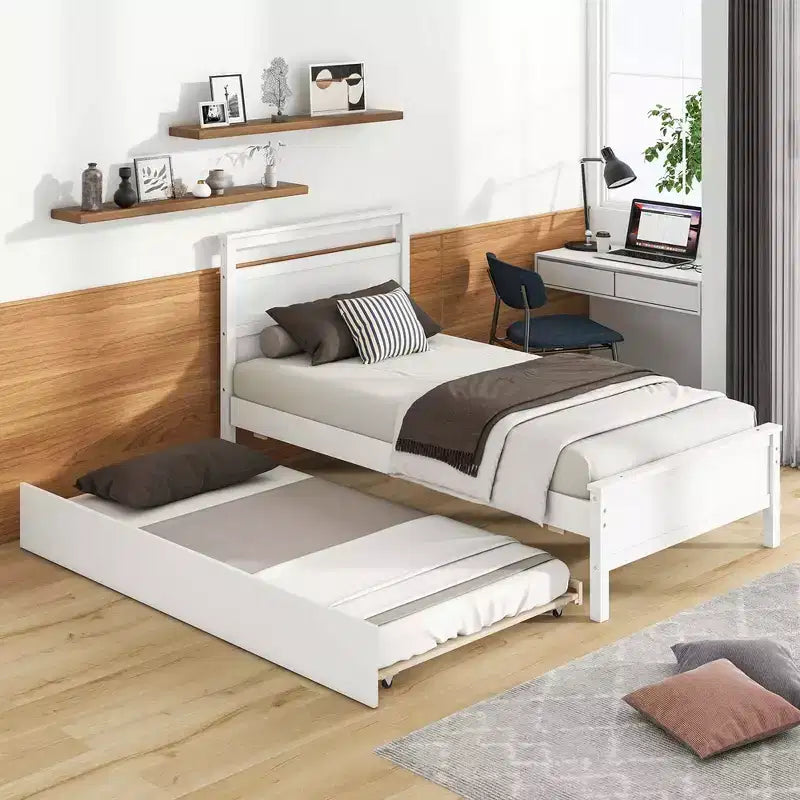 Letto a piattaforma singolo con letto estraibile | Testiera e pediera, grigio/bianco