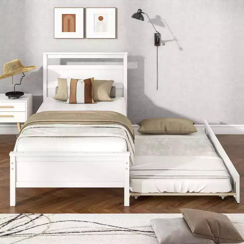 Letto a piattaforma singolo con letto estraibile | Testiera e pediera, grigio/bianco